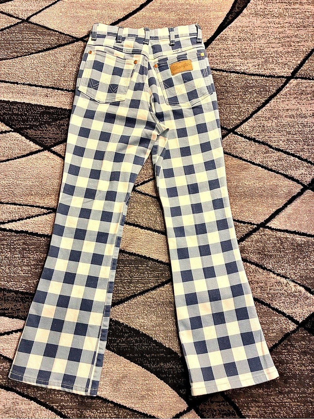 Wrangler Wrock Gingham Kick Flare Jeans Checkered Flare Jeans in Blue & Cream